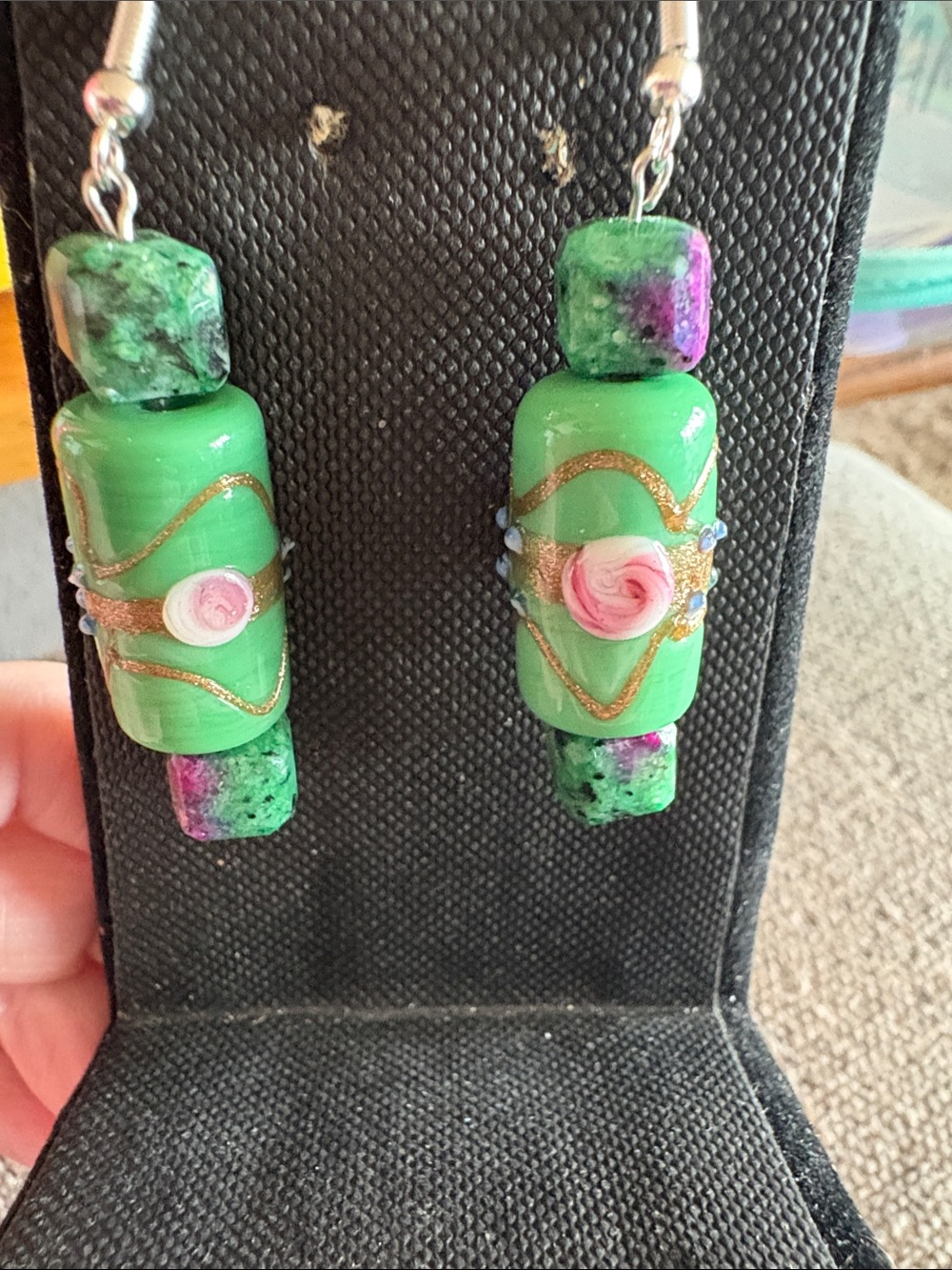 Hand Crafted Lamp-work and Ruby Zoisite Floral Glass Drop Earrings